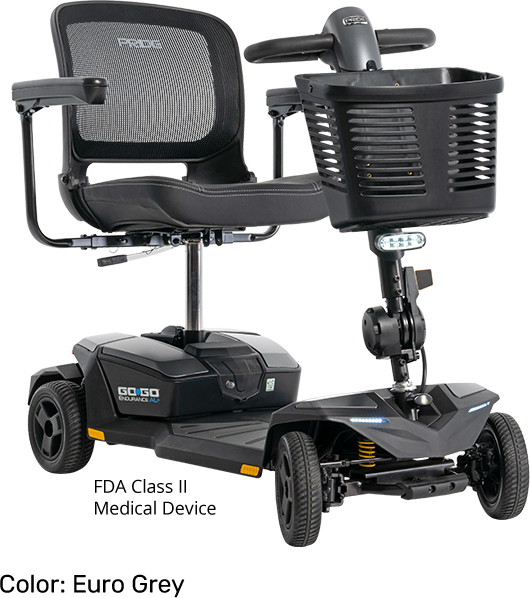 Hoofdafbeelding (volledige scootmobiel): Lichtgewicht Go Go Endurance AL+ scootmobiel met aluminium frame en comfortabele stoel.